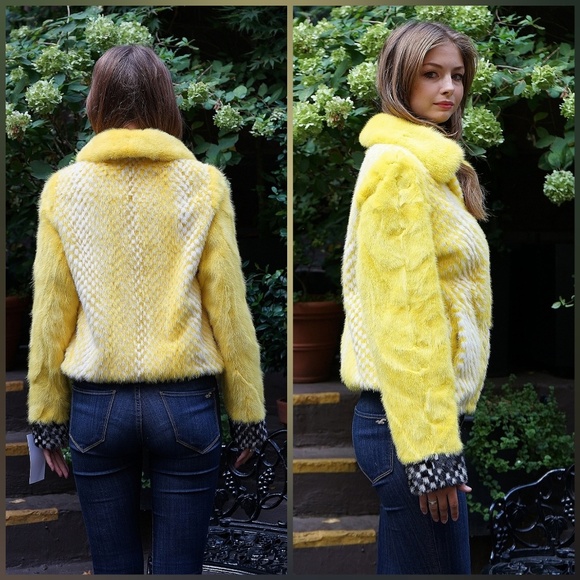 Yellow White Mink Jacket Checker Board - Picture 4 of 4